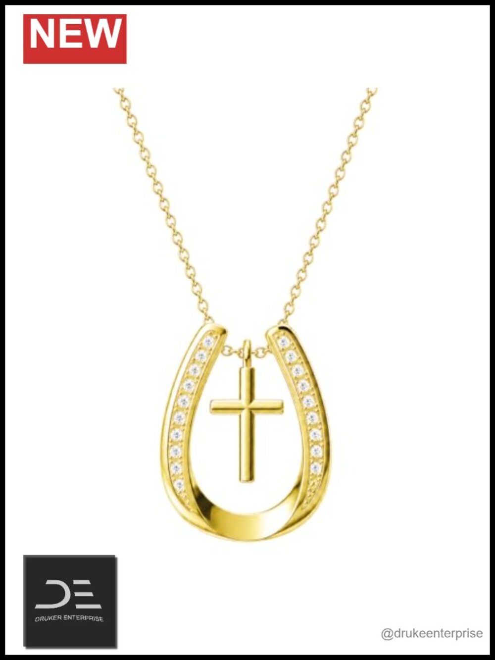 18K Gold Horseshoe Cross Pendant Necklace with Zircon Stones